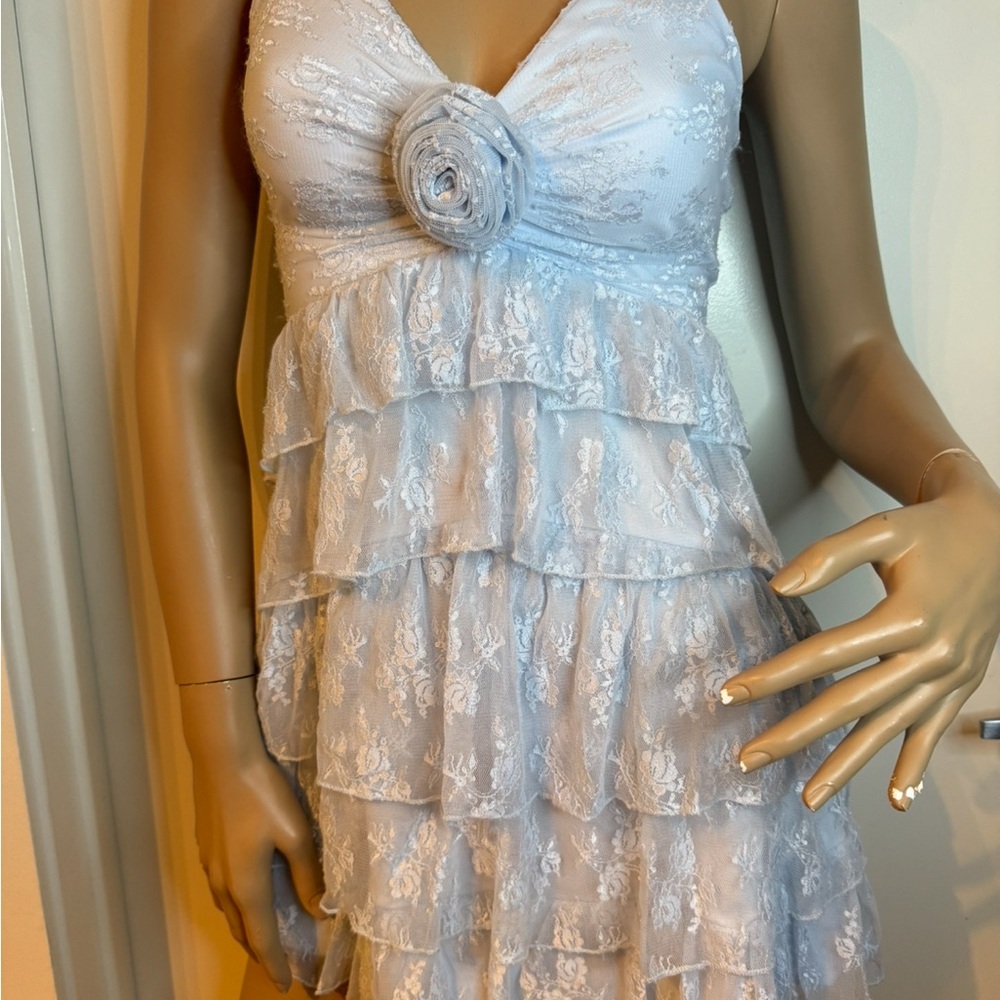Light Blue Lace Tiered Ruffle Mini Dress Halter Rosette Bust - Picture 5 of 9